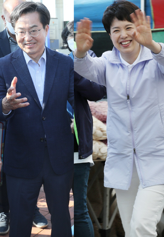 14일 김동연(왼쪽)더불어민주당 후보와 김은혜(오른쪽) 국민의힘 경기도지사 후보가 각각 경기북부 지역을 돌며 후보등록 후 첫 주말 선거전을 펼치는 모습. 사진은 두 사람이 경기 고양 일산대교와 포천 송우5일장에서의 후보 모습 연합뉴스.